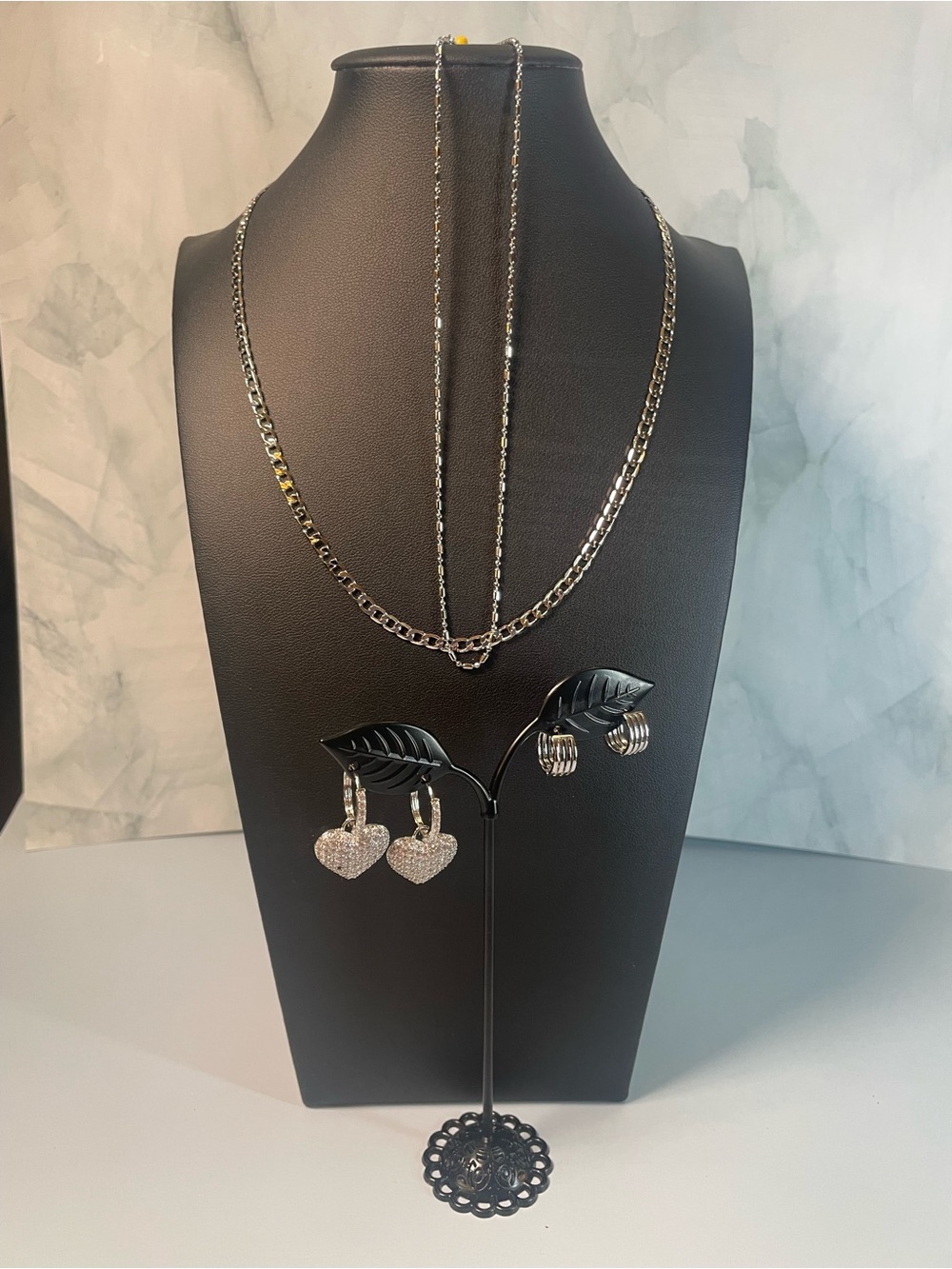 Sterling Silver Layered Necklace and Heart Drop Earrings Set - Silver